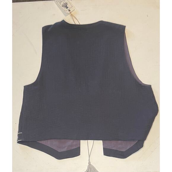 Easel Los Angeles Embroidered Boho Vest Women’s L Blue Gray Floral Tassel NWOT - Picture 7 of 9